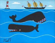 Stephen CAMPS (1957) Two Whales, A Boat and a Lighthouse