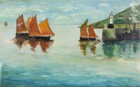 Early 20th Century Naive School Penzance Fishing Boats Returning to Harbour
