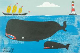 Stephen CAMPS (1957) Two Whale, a Boat and a Lighthouse