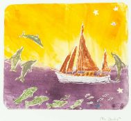 Ian DUNLOP (1945) Sailing Boat With Dolphins