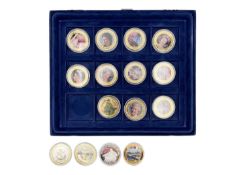 A collection of 14 gold-plated and silver-plated cupro-nickel crown coins.