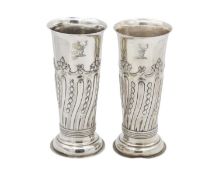 A pair of Victorian silver embossed vases by F B Thomas & Co.