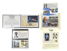 Signed Celebrity Proof Silver Crown Size Coin & Stamp Covers: Lester Piggott, Murray Walker etc (x5)