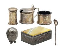 A cased silver cruet set by Deakin & Francis. Together with an Indian silver agate lid snuff box and