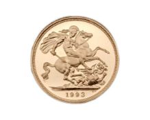 A GB 1993 Gold Proof Sovereign coin.
