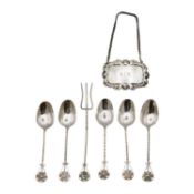 A silver (tested) GIN spirit label, and a a set of five filigree spoons and pickle fork.