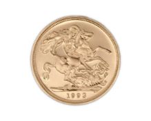 A GB 1993 Gold Proof Sovereign coin.