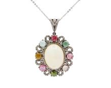 A large silver, opal, tourmaline, and diamond pendant necklace.
