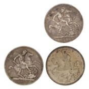 GB silver crown coins - two Victoria crowns and a George V 1935 'Rocking Horse' crown.