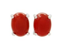 A pair of silver and red coral stud earrings
