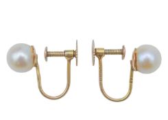 A pair of 9k gold cultured pearl clip-on earrings.
