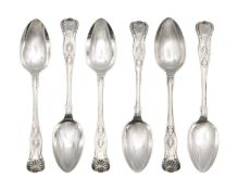 A Victorian Exeter silver set of six King's Pattern teaspoons by Josiah Williams & Co.