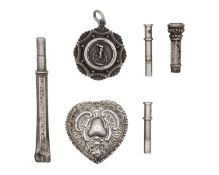 A Victorian silver cycling award watch fob, a pill box and a broken silver pencil.