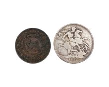 A Victoria silver crown 1889 coin, and an Australia Melbourne Victoria 1859 copper penny token.