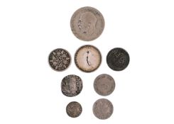 A selection of GB silver coinage, and three continental silver coins.
