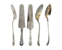 An American sterling silver serving spoon and fork, and a white metal serving spoon