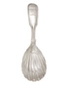 A Victorian silver fiddle thread pattern caddy spoon with scallop bowl by H J Lias & Son.