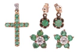A pair of emerald drop earrings, together with a pair of emerald and cubic zirconia stud earrings an