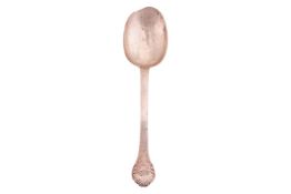 A laceback silver trifid spoon, London, marks rubbed, 17th century, initialed S.B. and R.B. scroll d