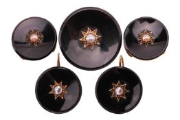 A Victorian onyx and pearl brooch, hook earrings and dress stud set; each composed of a concaved cir
