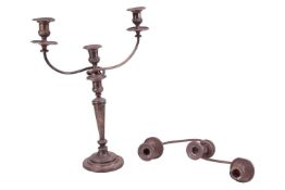 A pair of Matthew Boulton Old Sheffield silver-plate three light candelabra, one with only the arm p
