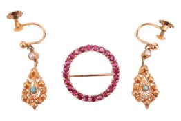 A ruby-set circle brooch and a pair of pendant earrings; the 9ct gold brooch of annular form, claw-s