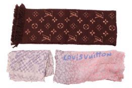 Louis Vuitton – Three scarves; One Etole Leopard Blurry Stole fading from pink to blueish grey, with