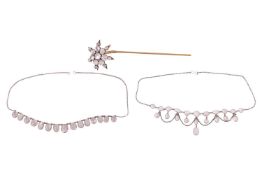 Two moonstone necklaces and a moonstone en tremblant hairpin; the first is a fringe necklace, collet