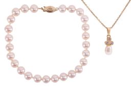 A cultured pearl bracelet and a drop pendant on chain; the bracelet comprising of a single row of ro