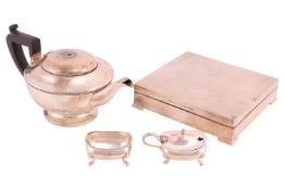 A silver cigar case with engine turned decoration on four bracket feet, a silver teapot with an ebon