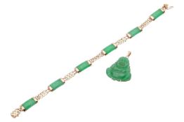 A jadeite link bracelet and a jade Budai pendant; the bracelet comprising six rectangular polished j