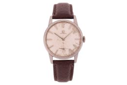 Omega Gentleman's Wristwatch Year: 1950s Case Material: Stainless Steel Case Diameter: 33mm Dial: Si