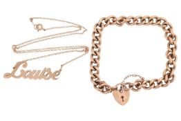 A bracelet and a necklace in 9ct yellow gold; the bracelet comprising a solid curb link chain with a