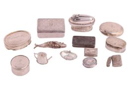 A collection of silver and white metal boxes, comprising of a silver vinaigrette dated 1817, a Frenc
