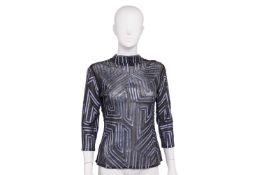 Bonny Lythgoe: IKA black jacket - metallic blue faux leather and beading, label reads 'IKA' size '36