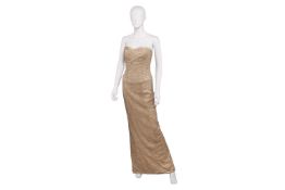 Jilly Johnson: elegant hand-made gold evening gown - with small fish tail train, built in basque, ad