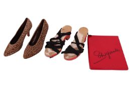 A pair of Vintage 1980s faux leopard print shoes; 1950s vintage italian wooden wedge sandals; and Sc