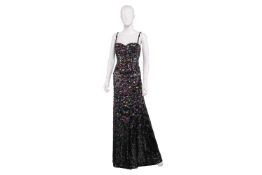 Jilly Johnson: black evening gown - with thin straps and black sequin base, adorned with coloured se