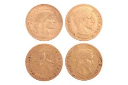 Four 10 franc coins; to include one 1855 and two 1860 Napoleon III coins with plain head to the righ