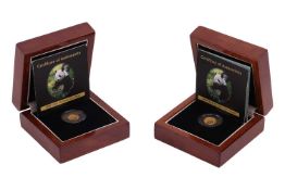 Two 2009 1/20th oz China Gold Panda coins, 20 yuan, each 1.5g, in presentation Royal Mint boxes, wit