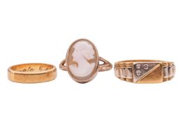Three rings; comprising a shell cameo ring, depicting the portrait of a lady, in a yellow metal moun