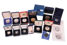 A collection of silver proof and silver commemorative coins, mostly boxed and with certificate, comp