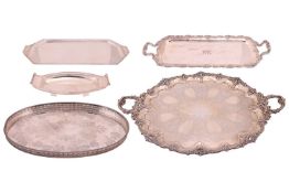 A large Edwardian silver-plated oval tea tray, with raised scrolling foliate border and commemorativ
