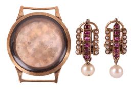 A pair of ruby and seed pearl earrings, with cultured pearl drops and clip fittings, in unmarked gil