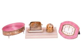A group of desk accessories; comprising a silver jewellery box with pink guilloche enamel detail, Bi