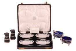 A pair of Irish George IV silver oval salts; Whytock and Sons of Dundee cut-glass sweet meat set, wi