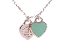 Tiffany & Co. - 'Return to Tiffany' Blue Double Heart tag pendants on chain, one of the hearts i