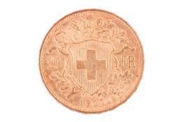 A 1907 Swiss franc, diameter 21 mm, 6.5 grams, encased in 