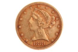 A USA 1881 $5 coin, coronet head facing left, surrounded by 13 stars, in associated Westminster box.