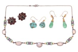 A small collection of jewellery items; to include an enamel floral link necklace collet-set with moo